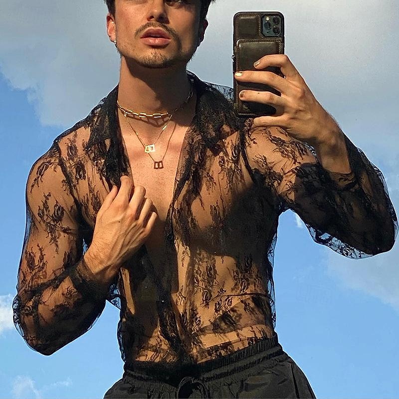 Men's Shirt Summer Shirt Mesh Shirt Sheer Shirt Sheer Blouse Black Long Sleeve Plain Lapel Hawaiian Holiday Mesh Clothing Apparel Fashion Casual Comfortable 2025 - $30.99 –P1