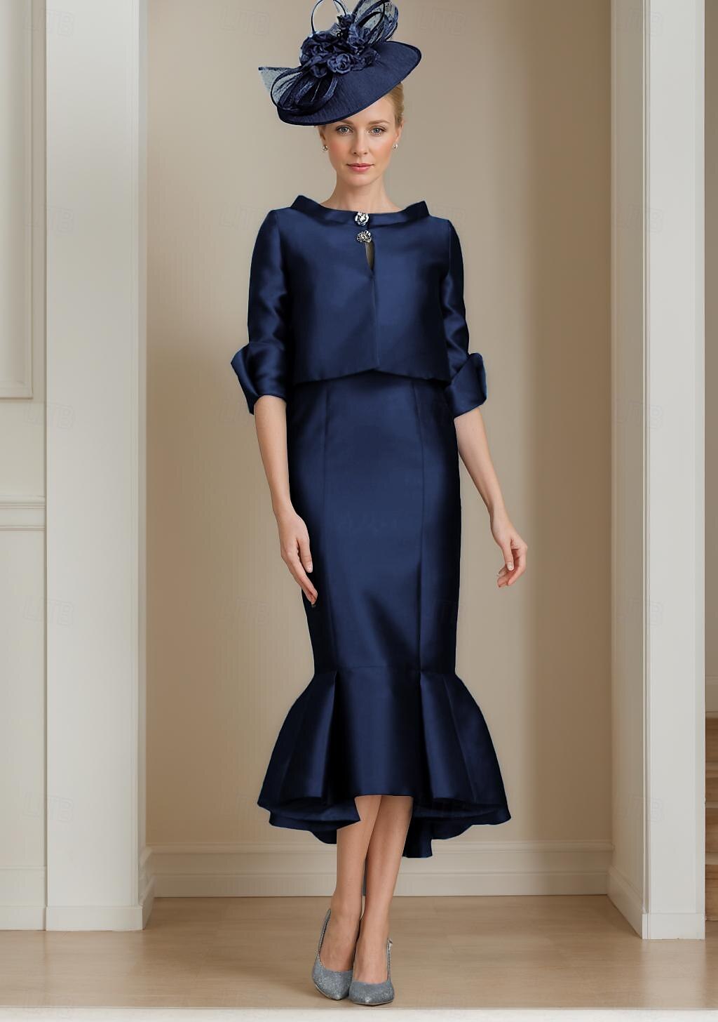 Ensemble deux pièces Robe Sirène Mère de la Mariée Robe de cérémonie d'invité de mariage Élégante Encolure ornée Mi-longue Satin Manche mi-longue avec Boutons Robe Derby Robe de jour de course 2025 de 2025 ? $149.99 –P5