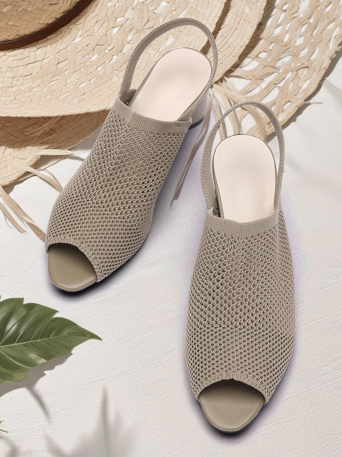 kvinners beige peep toe slingback hæler - stilige strikkede blokkhælsandaler 2025 - $32.99 –P2