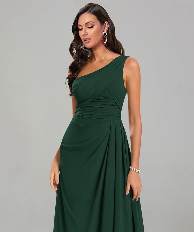 Rochii de oaspeți la nuntă A-Line Rochie Elegantă Cravată Neagră Lungime Pardoseală Mâneci Scurte cu Un Umăr Rochie de Domnișoară de Onoare Chiffon cu Pliseuri 2025 - $153.99 –P4