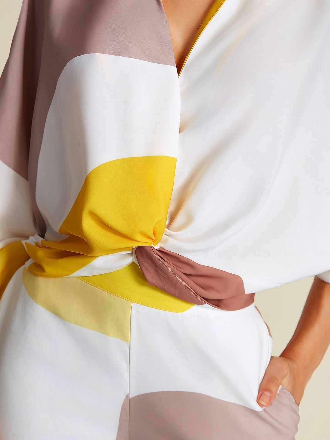 Satin Contrast Knot Front Balloon Sleeve Shirt 2025 - $41.99 –P3