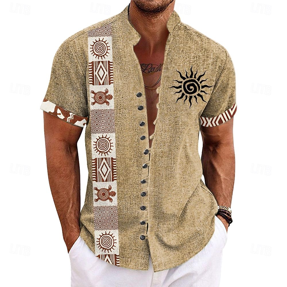 Voor heren Etnisch Overhemd Overhemd met knopen Korte mouw Casual Tribal Vakantie Dagelijks Zomer Lente opa kraag Band Kraag Knop Afdrukken Groen Khaki Abrikoos Beige 2026 - $23.99 –P6