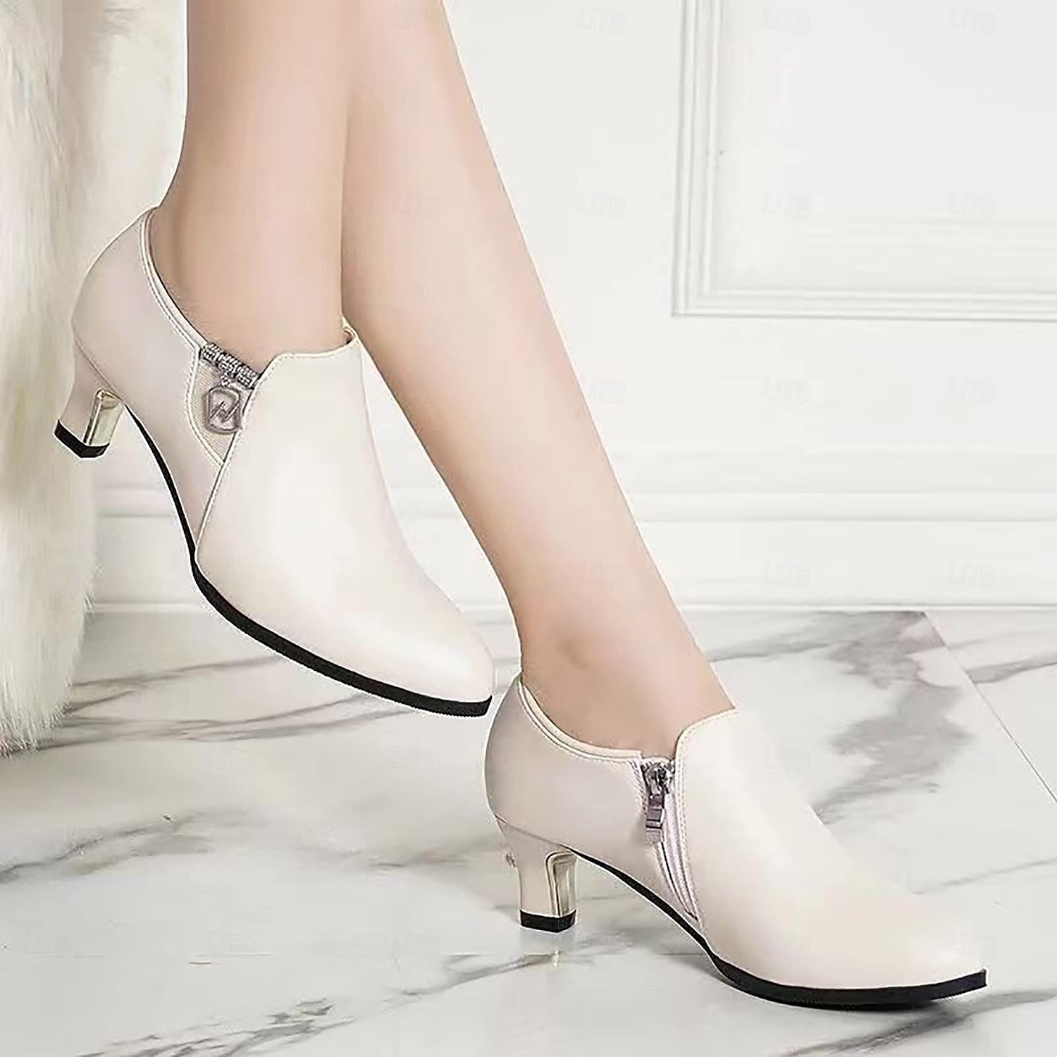 Women's Heels Boots Dress Shoes Work Daily Booties Ankle Boots Chunky Heel Pointed Toe Elegant Fashion Classic PU Leather PU Zipper Black Beige 2025 - $46.99 –P1
