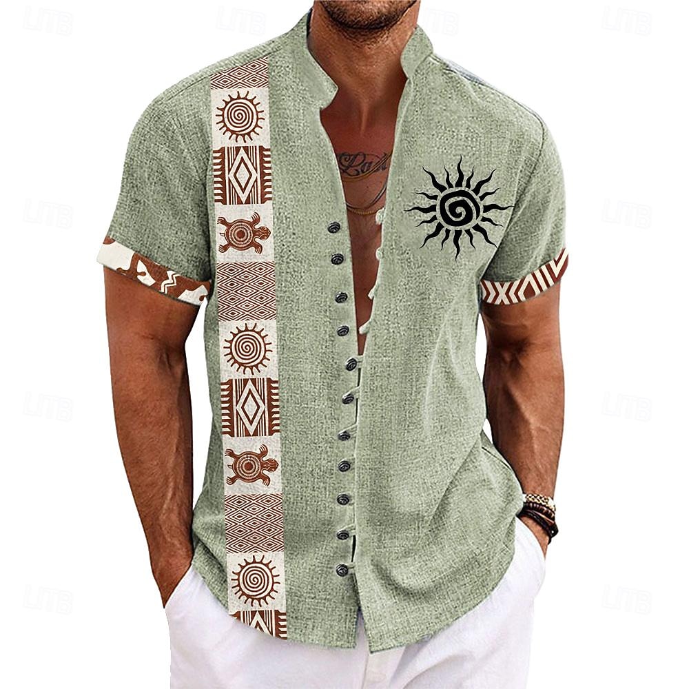 Voor heren Etnisch Overhemd Overhemd met knopen Korte mouw Casual Tribal Vakantie Dagelijks Zomer Lente opa kraag Band Kraag Knop Afdrukken Groen Khaki Abrikoos Beige 2026 - $23.99 –P5