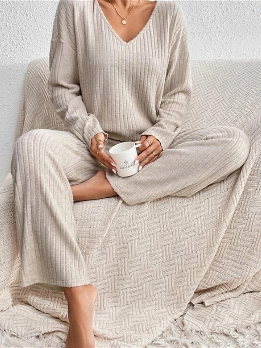 dames pyjama sets pure kleur mode comfort thuis dagelijks bed brei ademend v draad lange mouwen broek elastische taille lente herfst zwart kameel thuis outfits 2025 - $26.99 –P9