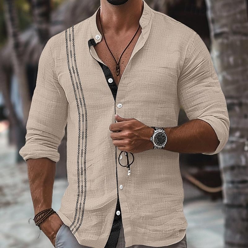 Hombre Camisa camisa de lino Camisa Guayabera Camisa con cuello mao Camisa de verano Ropa de playa Vacaciones Maldición Negro Blanco Rosa Azul Piscina Manga Larga Cuello Mao Primavera verano Ropa 2025 - $25.99 –P6