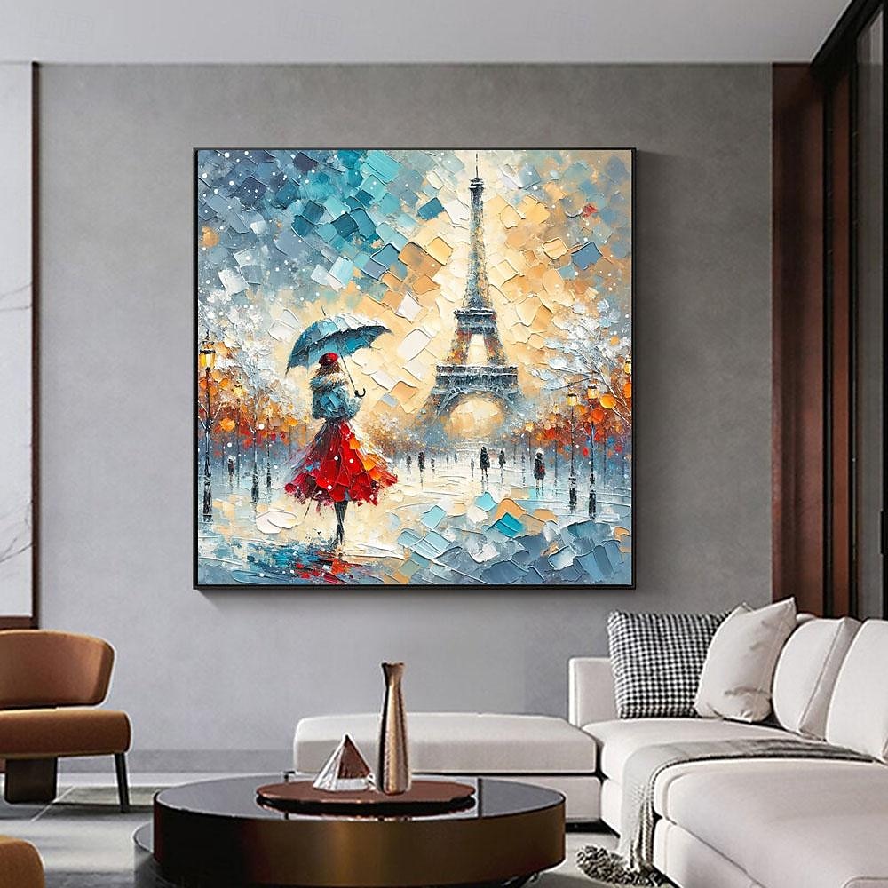Original verregnete Pariser Eleganz handgemaltes pastoses Ölgemälde lebendige Eiffelturm Straßenszene Wandkunst ungerahmtes Leinwandgemälde 2025 - $131.99 –P5