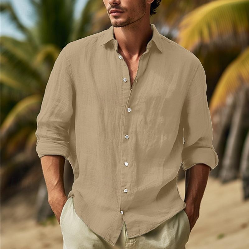 Men's Shirt Cotton Linen Shirt Summer Shirt Beach Wear Button Up Shirt Plain Vacation Curise Black White Pink Navy Blue Long Sleeve Lapel Spring & Summer Clothing Apparel 2025 - $23.99 –P8