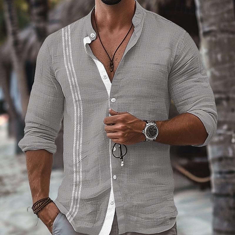 Hombre Camisa camisa de lino Camisa Guayabera Camisa con cuello mao Camisa de verano Ropa de playa Vacaciones Maldición Negro Blanco Rosa Azul Piscina Manga Larga Cuello Mao Primavera verano Ropa 2025 - $25.99 –P7