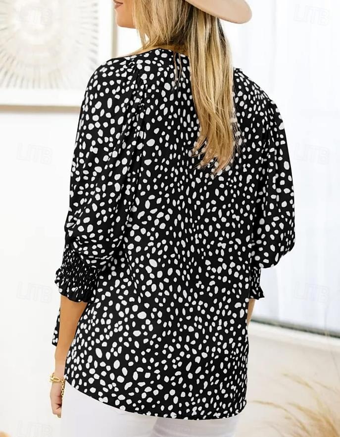 damblus dressade toppar ledigt prickigt tryck lanternärm 3/4 lång ärm rund halsringning dagligen svart rosa grön sommar vår höst 2025 - $29.99 –P8