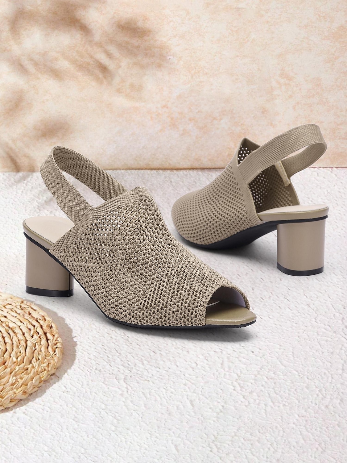 kvinners beige peep toe slingback hæler - stilige strikkede blokkhælsandaler 2025 - $32.99 –P1