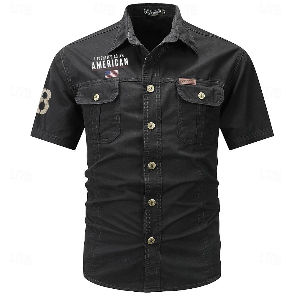Homens Bandeira American US Flag Com letras estampadas Camisas de trabalho camisa ocidental Camisa de carga Manga Curta Casual Tático Para Noite Verão Aberto para a Lateral Botões Imprimir Preto de 2026 por $27.99 –P1