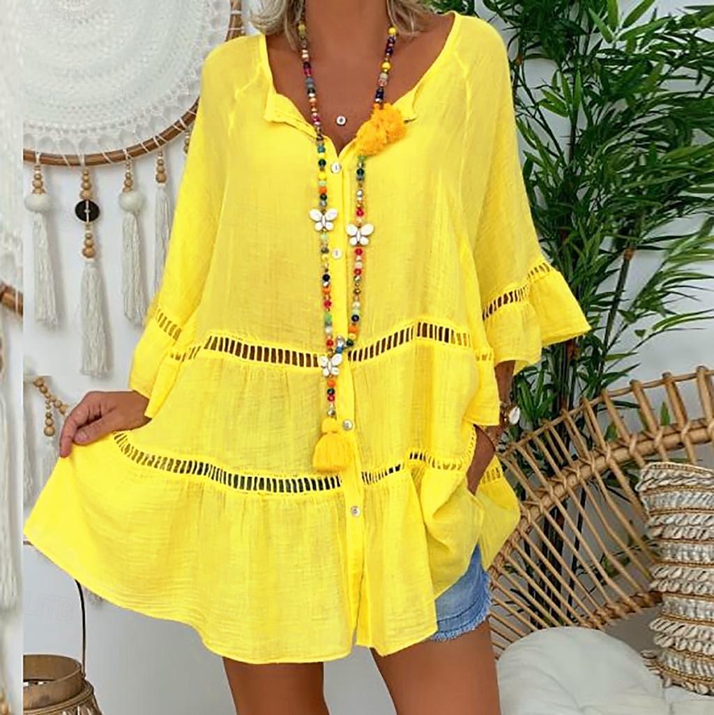 Femmes Chemise Chemises inspirées du lin Chemisier Uni Mode Col en V Rue Quotidien Découpé Longue Blanche Jaune Rouge Marron Été de 2025 ? $25.99 –P5