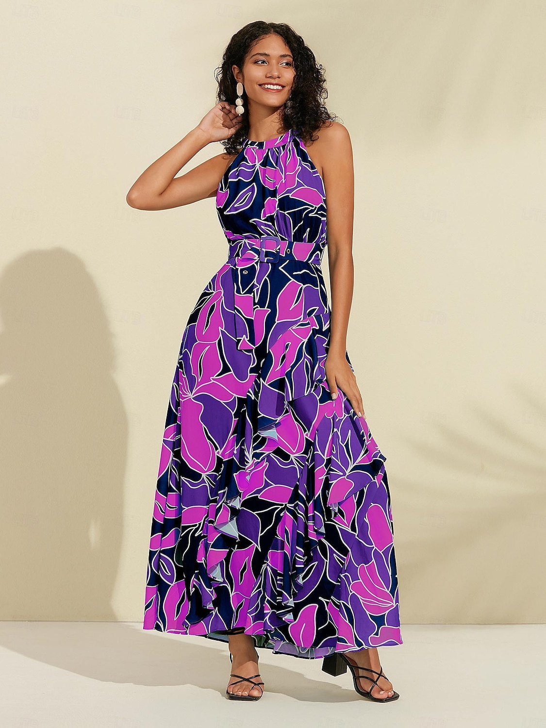 Per donna Vestito in Chiffon Abito maxi Blu Viola Senza Maniche Floreale Volant Stampa Primavera & Estate Il giro Abito a Fantasia XS S M del 2025 a $86.99 –P11