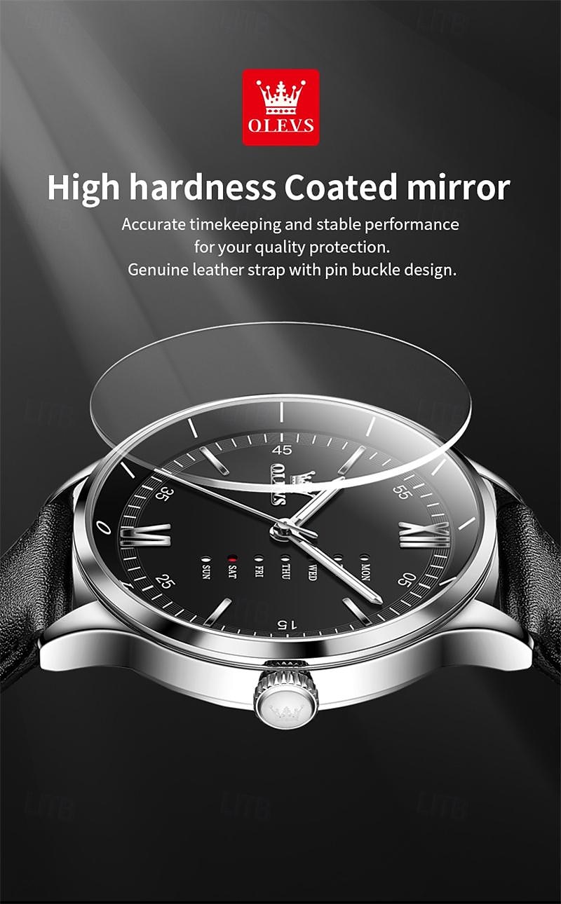 OLEVS Men's Luxury Watch Business Fashion Quartz Wristwatch Waterproof Leather Strap Blue Sunray Dial with Unique Day Date Display Luminous Hands Roman Numerals Dress Watch for Male Gift 2026 - $31.99 –P4
