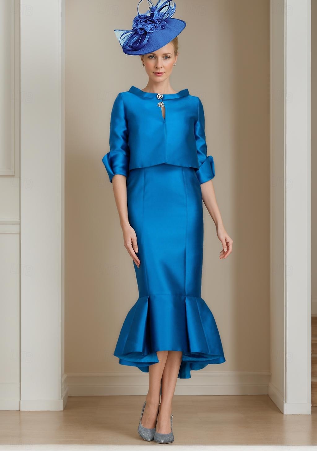 Ensemble deux pièces Robe Sirène Mère de la Mariée Robe de cérémonie d'invité de mariage Élégante Encolure ornée Mi-longue Satin Manche mi-longue avec Boutons Robe Derby Robe de jour de course 2025 de 2025 ? $149.99 –P1