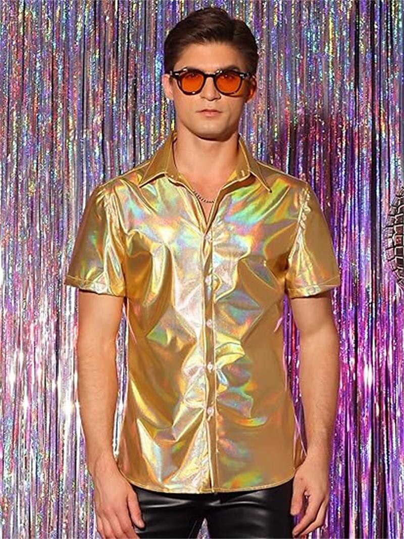 Metallisch 1980er Glänzendes Latex-Patent Hemd Disco Herren Karnevalskostüm Halloween Karneval Maskerade Party / Abend Pride Parade Pride-Monat Erwachsene Hemd 2025 - $24.99 –P2