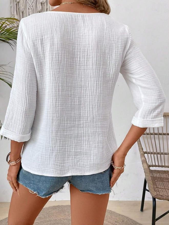 Dame Skjorte Bluse Dressy topper Helfarge عادي Grunnleggende 3/4 ermer Hals med hakk Daglig Hvit Sommer 2025 - zł115.99 –P2