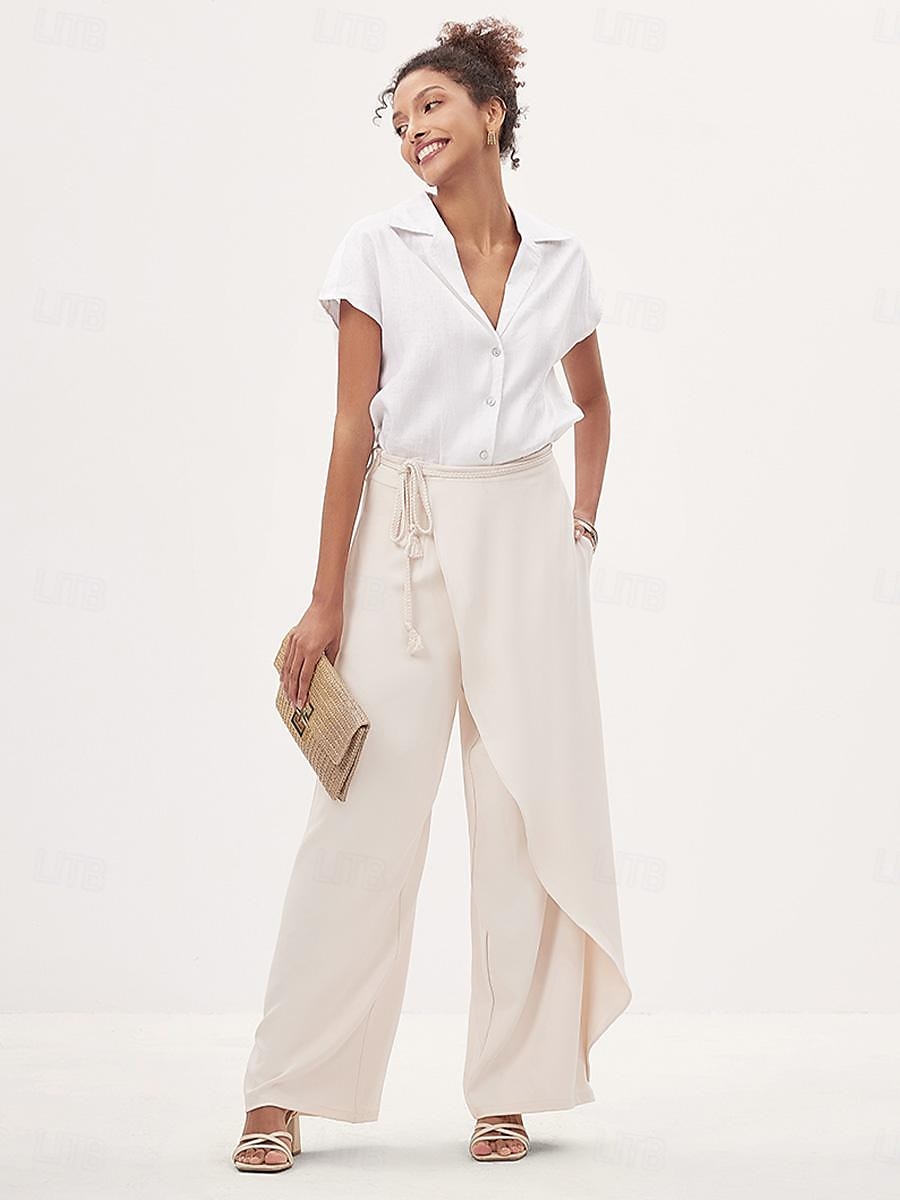 Women's Culottes Wide Leg Asymmetric Belted Full Length Beige Summer 2025 - $49.99 –P5