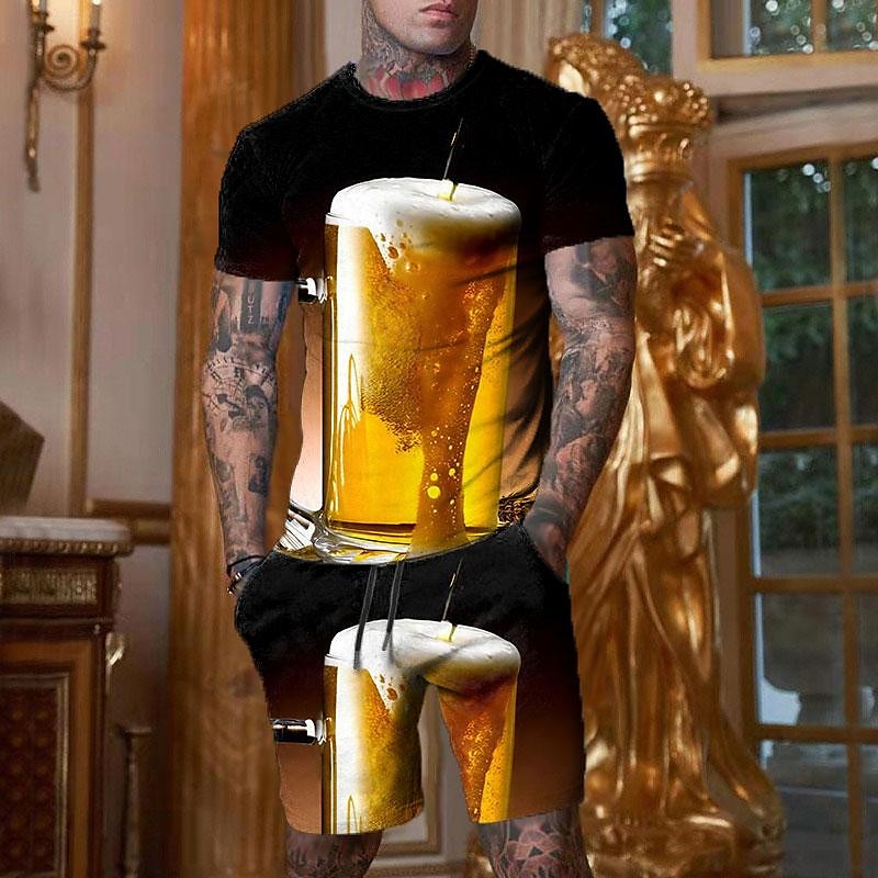 Férfi Oktoberfest sör 2db Pó-készletek Tee készlet Rövid ujjú Rövid nadrág Terített nyak Dizájn Alkalmi Kényelmes Szabadtéri Vakáció Napi 3D nyomtatás Tavaszi nyár Sötétsárga Fekete és sárga Fekete 2025 - $30.99 –P3