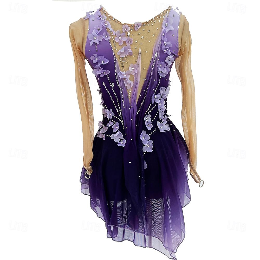 Rochie de Patinaj Artistic Pentru femei Fete Πατινάζ στο πάγο Rochii Mov Mâneci cu Gaura Vopsirea Halo Înaltă Elasticitate Profesional Competiție Ținută Patinaj Termic cald Cristale / Strasuri Manșon 2026 - $335.69 –P3