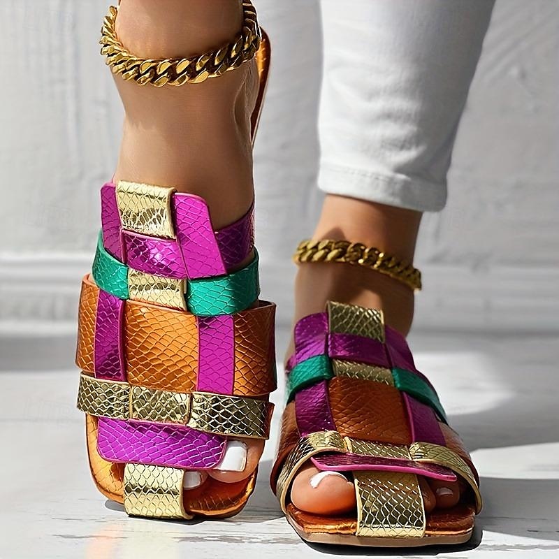 sandálias femininas coloridas de tiras metálicas – sapatilhas vibrantes com estampa de cobra para uso casual no verão e em festivais de 2026 por $24.99 –P5