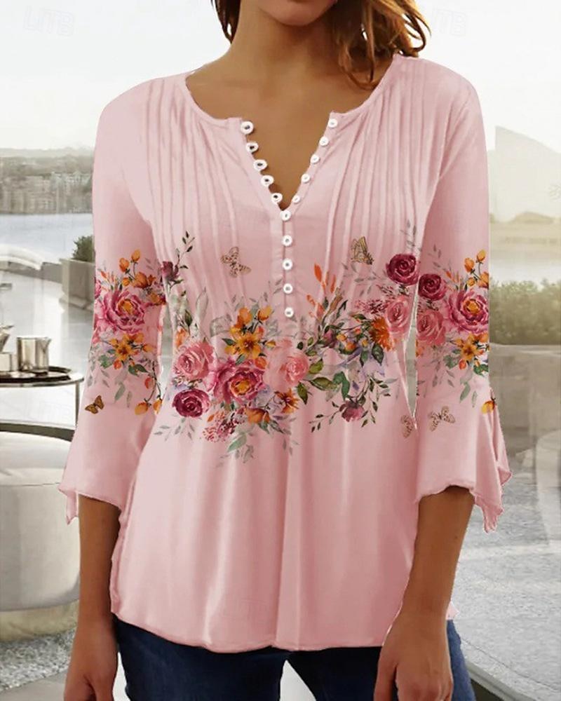 dameskjorte bluse tilfeldig blomsterknapper print 3/4 lengde erme vanlige topper rund hals ferie daglig hvit rosa blå grønn vår & sommer 2025 - $23.99 –P1
