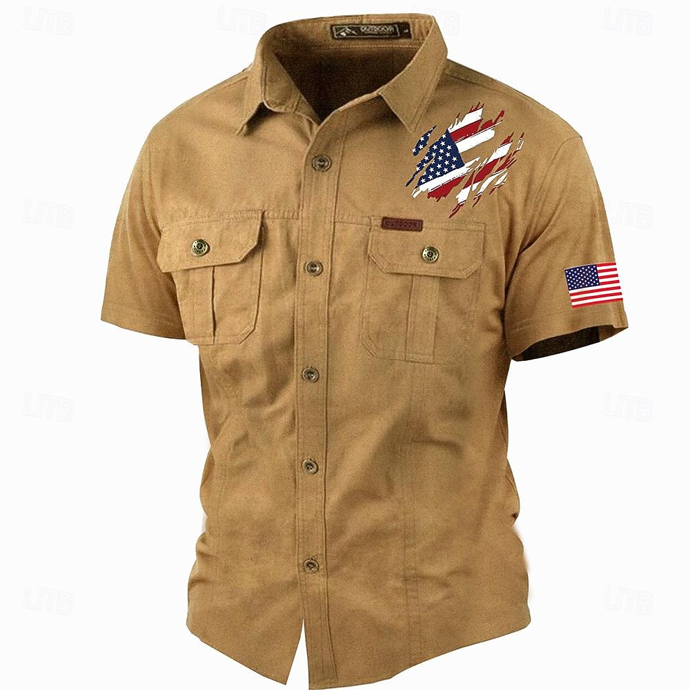 Men's American US Flag Flag / National flag Work Shirt Western Shirt Cargo Shirt Short Sleeve Casual Tactical Sports & Outdoor Going out Summer Spring Turndown Print Army Green Khaki 2026 - $27.99 –P4