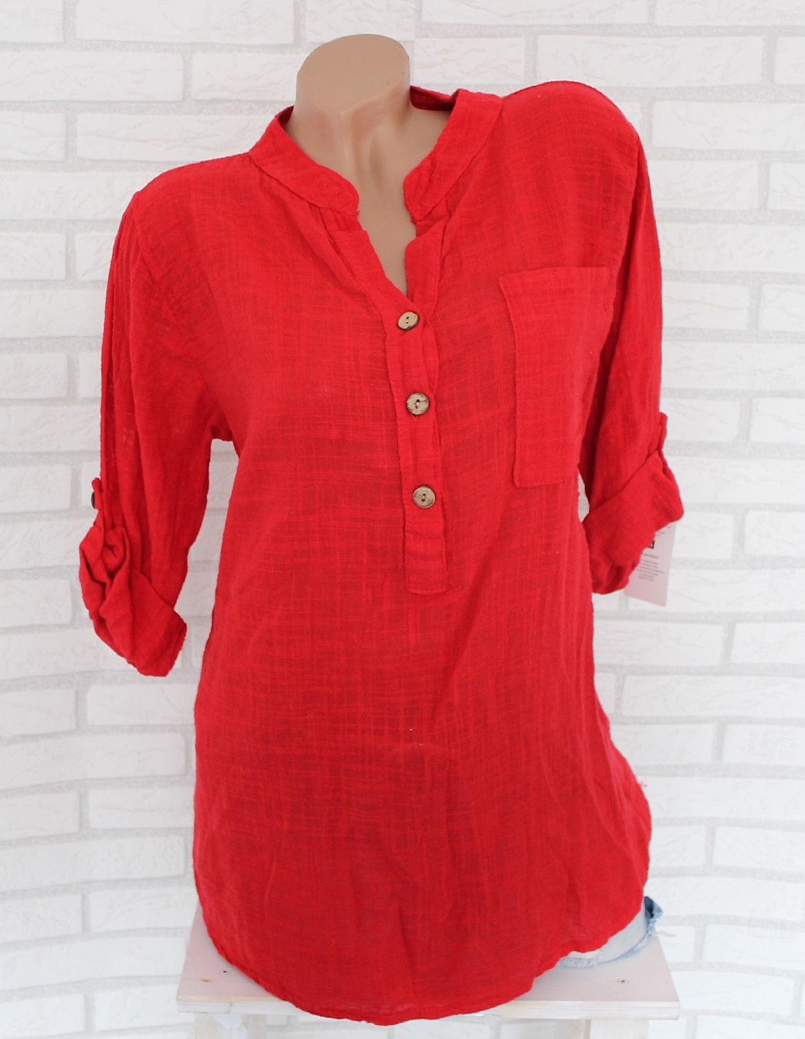 Women's Shirt Cotton Linen Shirts Button Up Blouse Plain Fashion V Neck Street Daily Buttons Pocket White Red Blue Beige Summer 2025 - $26.99 –P3