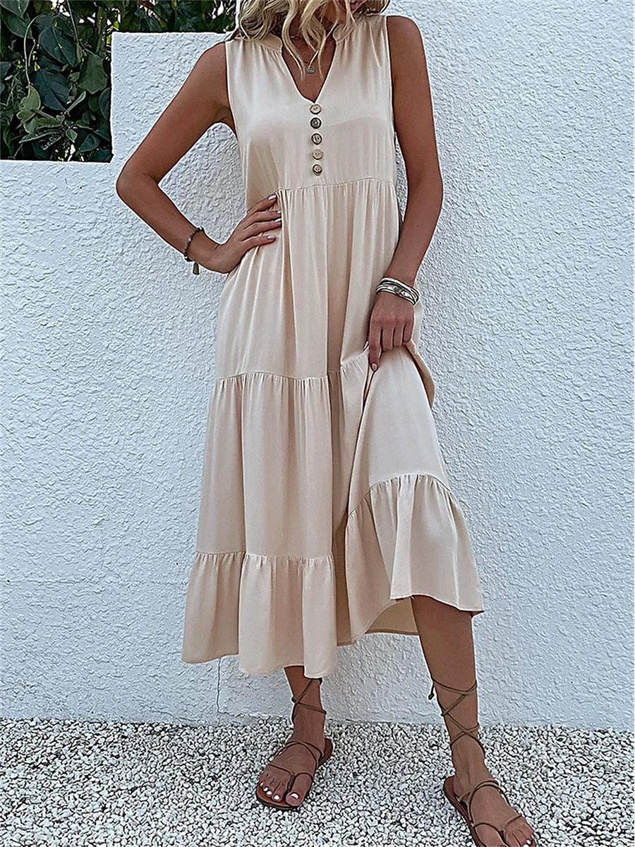 Damen Schwarz Gelb Blau Sommer Frühling Maxikleid Leinen-inspirierte Kleider Freizeitkleid Sommerkleid Basic Modern Täglich Wochenende Lässiger Schnitt Einfach V Ausschnitt 2025 - $26.99 –P4
