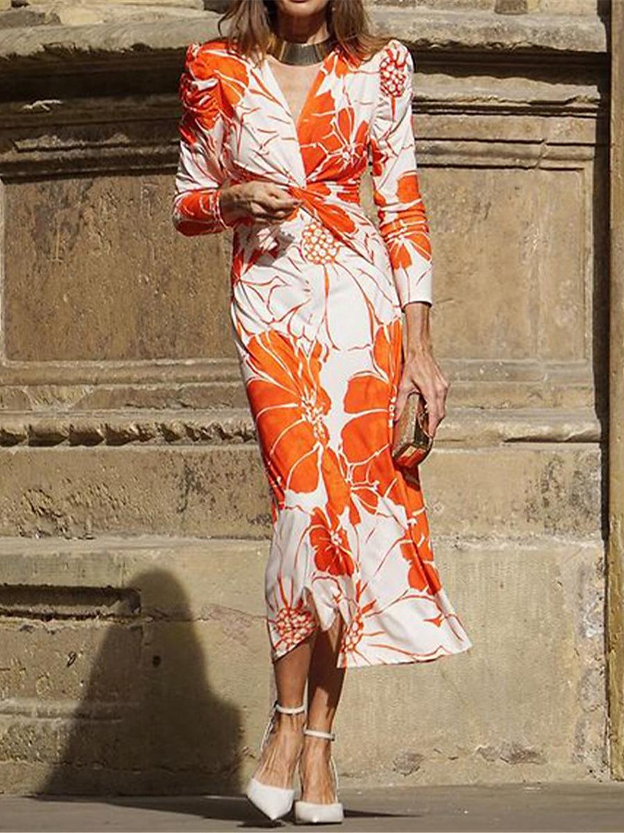 dames formele jurk bloemenprint v-hals midi-jurk stijlvolle formele bruiloft feest 3/4 lengte mouw zomer 2025 - $41.99 –P3