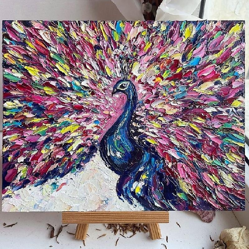 Pfauengemälde, Vogelkunst, Ölgemälde, handgefertigt, farbenfrohes Pfauen-Impasto-Kunstwerk, helles Ölgemälde, Wandkunst, Palettenmesser, heller Vogel, 3D-Strukturkunst, Gemälde für Schlafzimmer, 2025 - $116.99 –P1