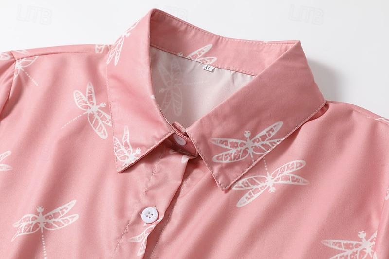 dames casual overhemd korte mouw libellenprint reverskraag knoopsluiting stoffig roze relaxte pasvorm lente zomer mode top dagelijks gebruik maten s-xl 2025 - $26.99 –P3