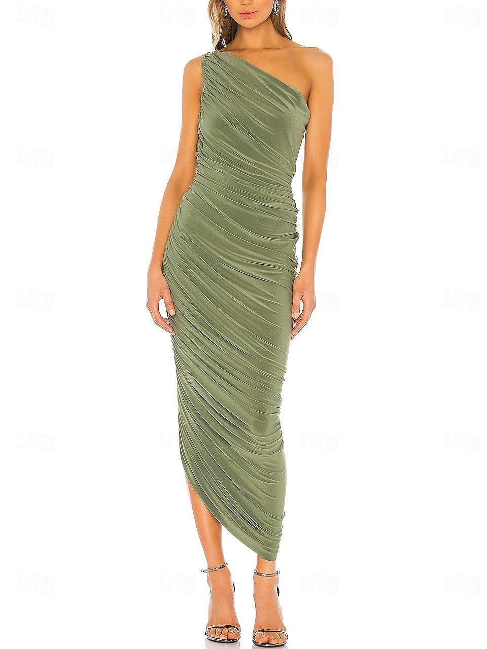 Groene Sheath Bruiloft Gasten Jurken Elegante Jurk Formele Enkel Lengte Mouwloos Off Schouder Stretch Chiffon met Kruis Gerimpeld 2025 - $159.99 –P1