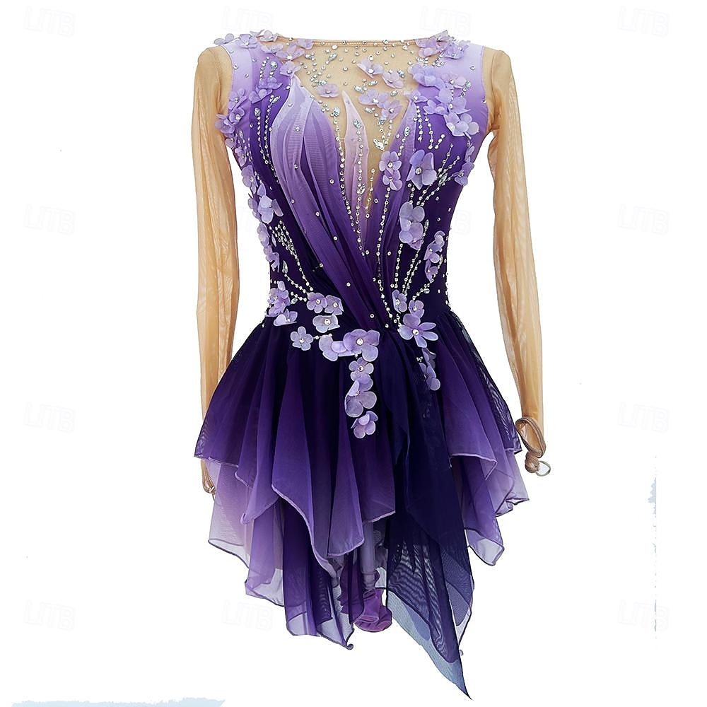 Rochie de Patinaj Artistic Pentru femei Fete Πατινάζ στο πάγο Rochii Mov Mâneci cu Gaura Vopsirea Halo Înaltă Elasticitate Profesional Competiție Ținută Patinaj Termic cald Cristale / Strasuri Manșon 2026 - $335.69 –P1
