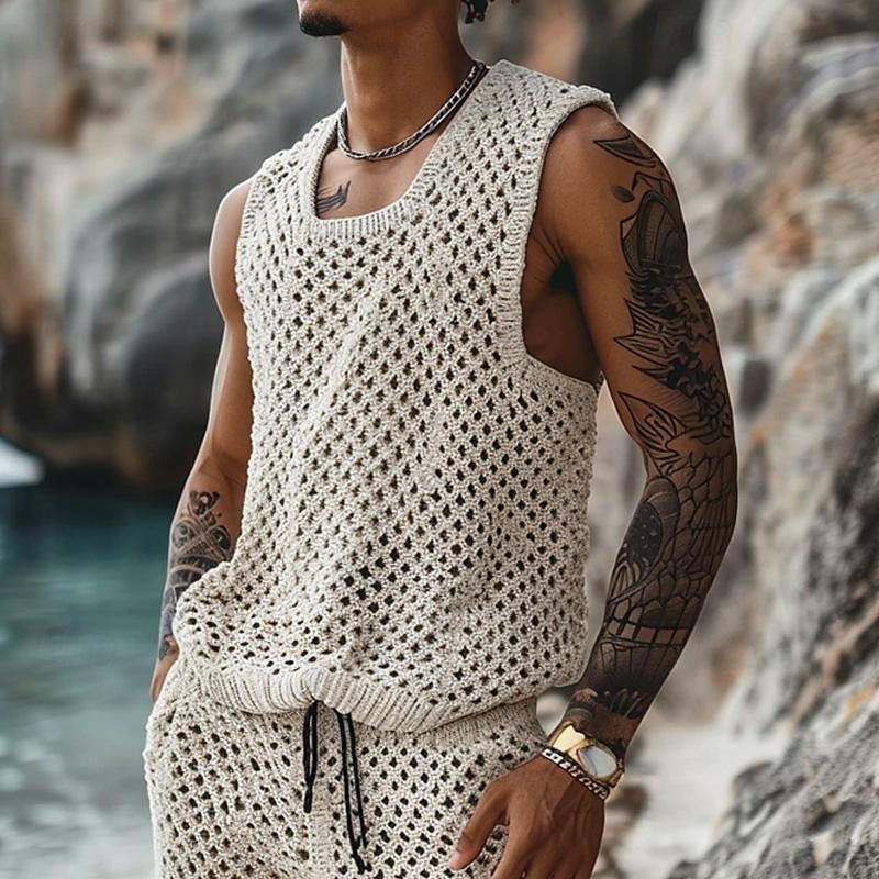 Men's T-shirt Suits 2 Piece Summer Tracksuit Set Casual Sleeveless Suit Crew Neck Summer Knitwear Bohemia Vacation Knitted Vacation Black Brown Beige Top Tee for Men 2025 - $37.99 –P3