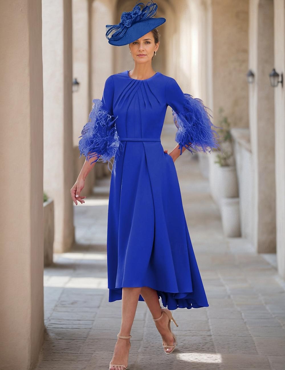 A-Linie Brautmutterkleid Hochzeitsgast Eleganter Juwelenausschnitt Asymmetrisches Stretchgewebe Halbarm mit Feder freie Maßanfertigung 2025 - $198.99 –P1