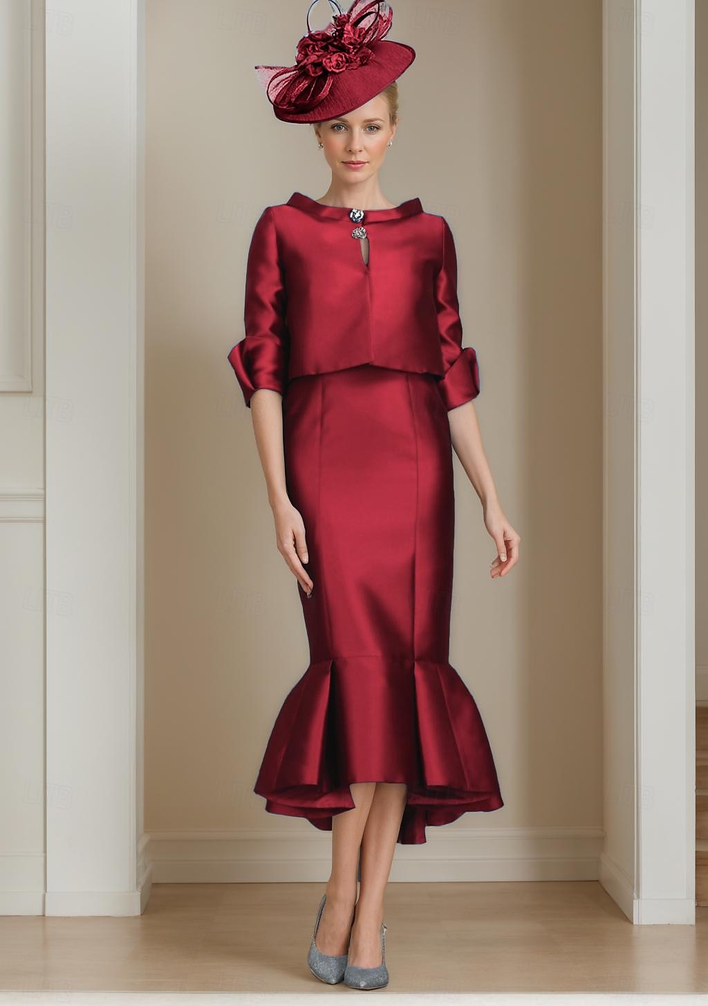 Ensemble deux pièces Robe Sirène Mère de la Mariée Robe de cérémonie d'invité de mariage Élégante Encolure ornée Mi-longue Satin Manche mi-longue avec Boutons Robe Derby Robe de jour de course 2025 de 2025 ? $149.99 –P8