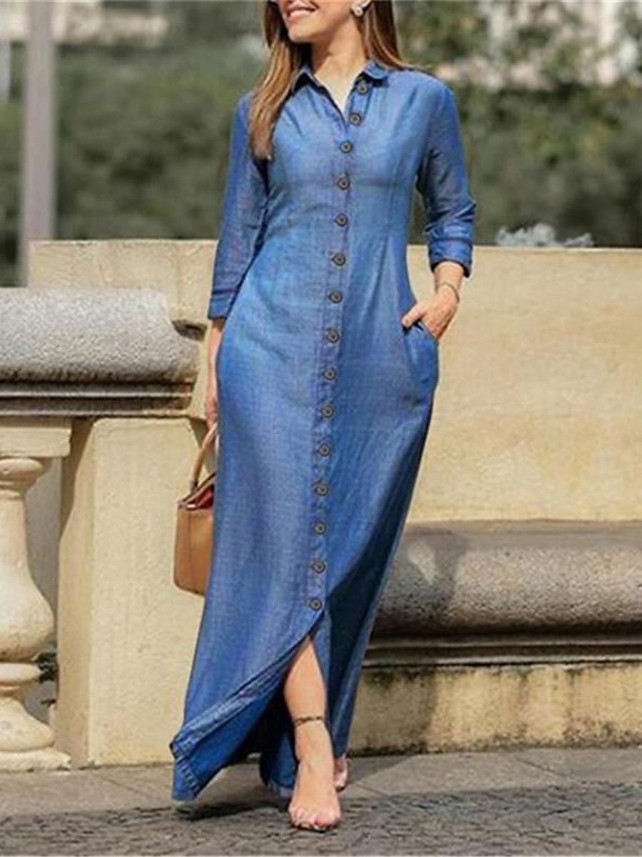 Damskie Dżinsowe sukienki Sukienka koszulowa Sukienka maxi Biuro Jeans Podstawowy Formalny Kołnierzyk koszuli Guzik Kieszeń Długi rękaw Lato Wiosna Regularny Równina 2025 - $39.99 –P1