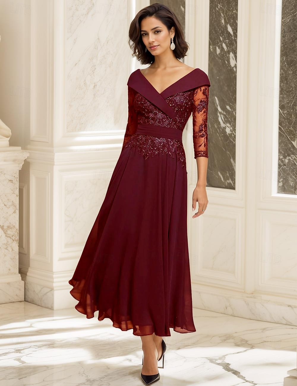 A-Line Mother of the Bride Dress Wedding Guest Elegant Sweetheart Ankle Length Chiffon 3/4 Length Sleeve with Lace free custom size 2025 - $191.99 –P2