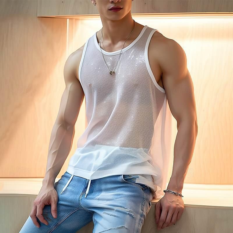 Herr Linne Väst Ärmlös Rund halsringning Sommar Slät Mode Modern Stil Nät Transparent Gata Helgdag Svart Vit Orange Topp t-shirt för män 2025 - $12.99 –P1