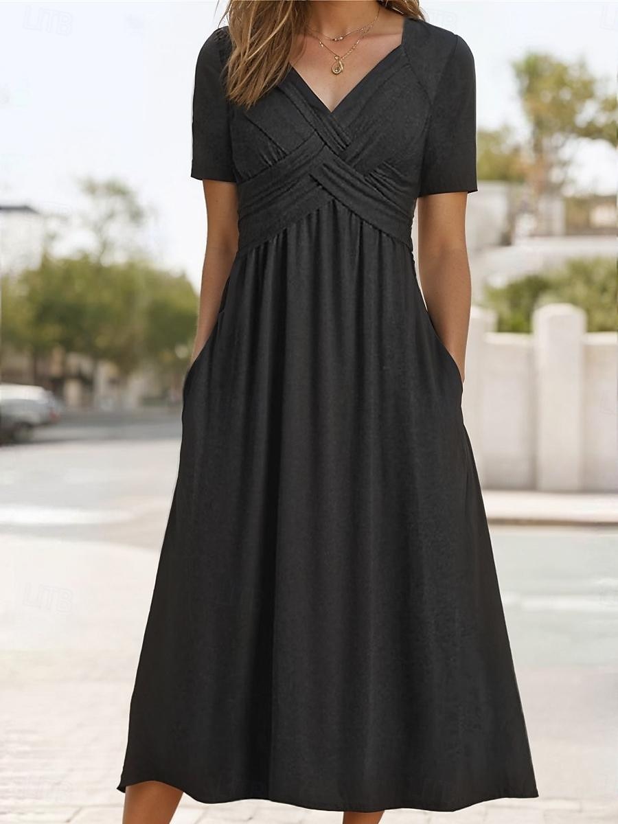 vestito casual da donna vestito midi tasca vacanza streetwear basic scollo a v manica corta nero grigio colore del 2025 a $33.99 –P1