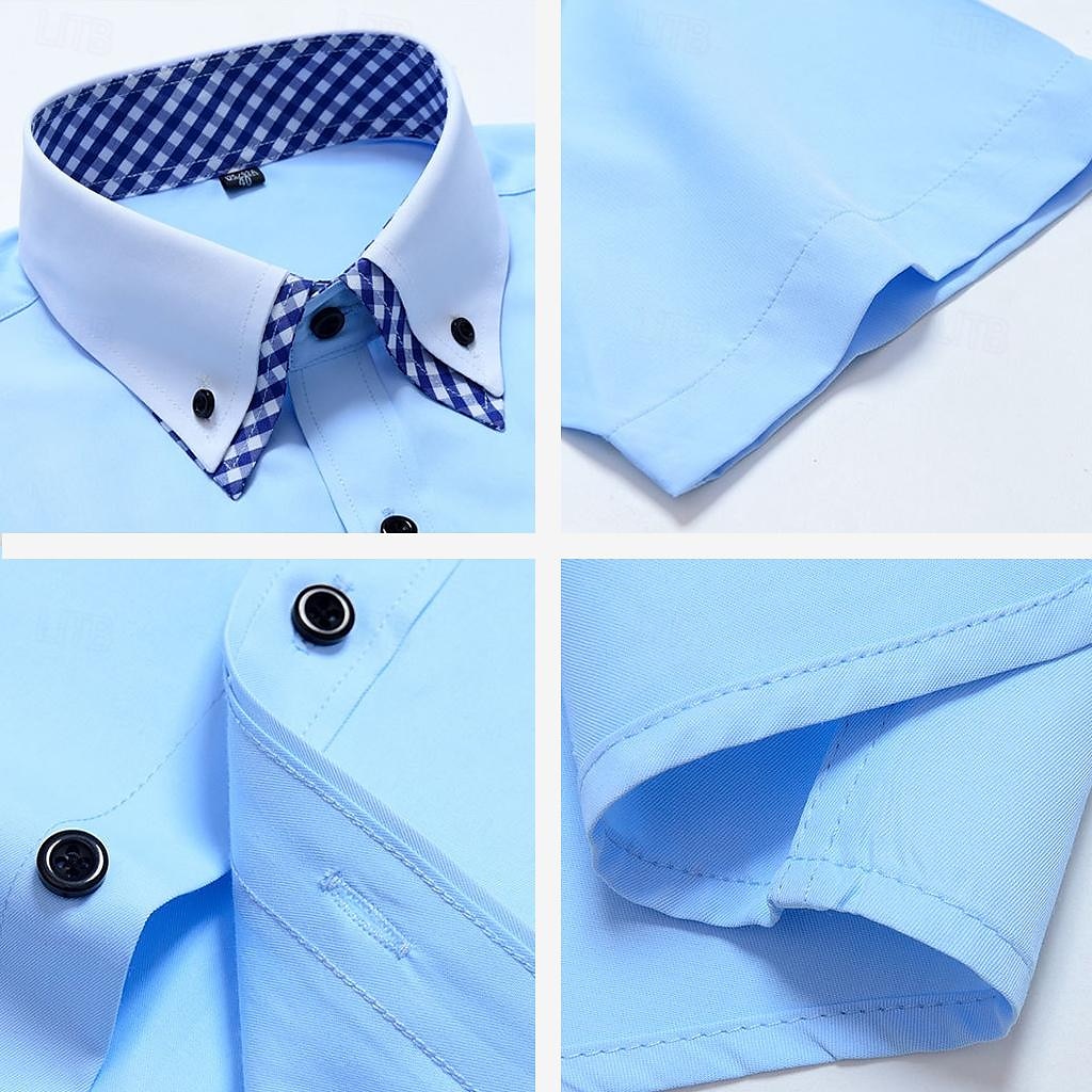Herr Skjorta Button Down skjorta Rutig Bröllop Utomhus Blå Himmelsblå Kortärmad Nedvikt Sommar Vår Kläder Lappverk 2025 - $22.99 –P3