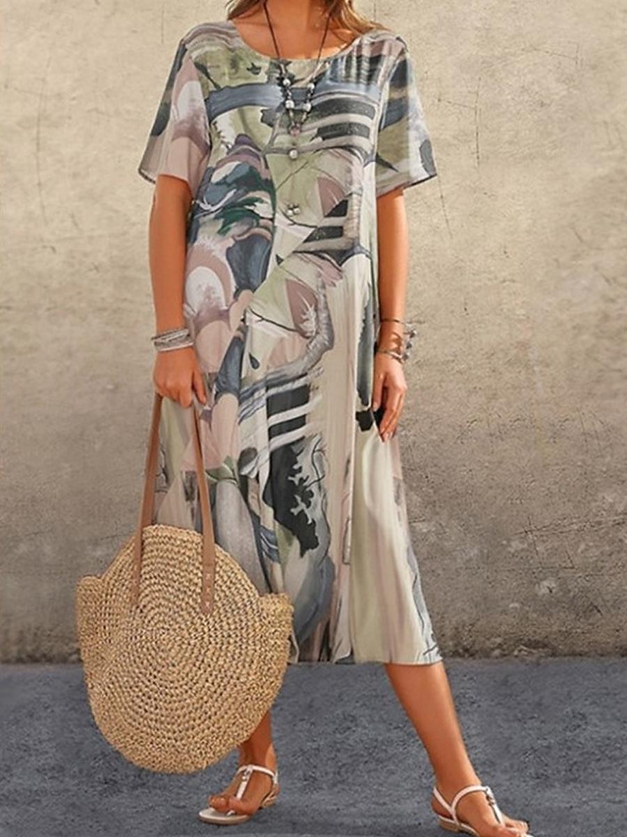 γυναικείο abstract print crew midi φόρεμα casual καθημερινό κοντομάνικο καλοκαίρι 2025 - $21.99 –P5