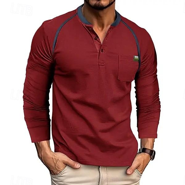 Men's Henley Shirt Tee Top Color Block Crewneck Outdoor Casual Long Sleeve Button Front Pocket Clothing Apparel Fashion Designer Comfortable 2025 - $18.99 –P3