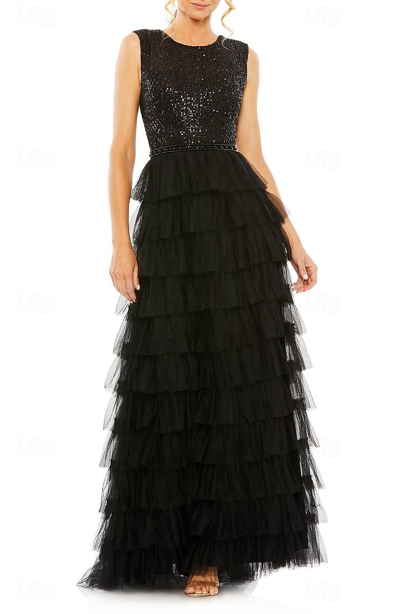 Robe Invitée de Mariage A-Ligne Élégante Robe Formelle Soirée Fête Longueur Maxi Sans Manches Col Bijou Automne Invitée de Mariage Tulle avec Frange 2025 de 2025 ? $182.99 –P1