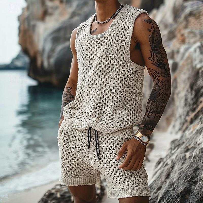 Men's T-shirt Suits 2 Piece Summer Tracksuit Set Casual Sleeveless Suit Crew Neck Summer Knitwear Bohemia Vacation Knitted Vacation Black Brown Beige Top Tee for Men 2025 - $37.99 –P2