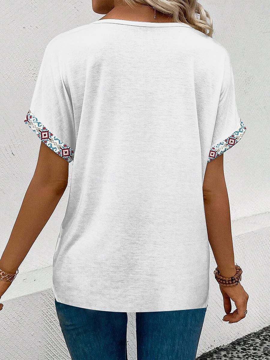 kvinners t-skjorte boho kortermet vanlige topper v-hals daglig hvit sommer 2025 - $19.99 –P2