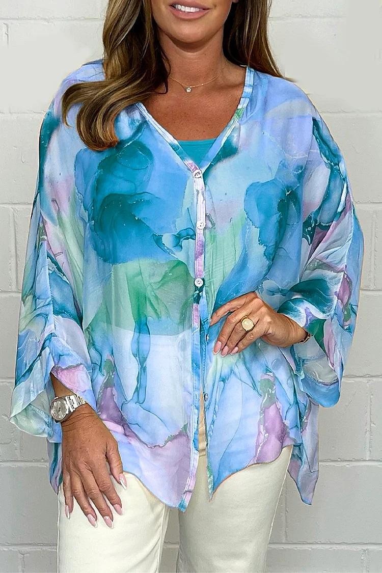 Women's Blouse Elegant Ombre Buttons Flutter Sleeve Long Sleeve Regular Tops V Neck Daily Pink Blue Orange Green Summer Fall 2025 - $27.99 –P5