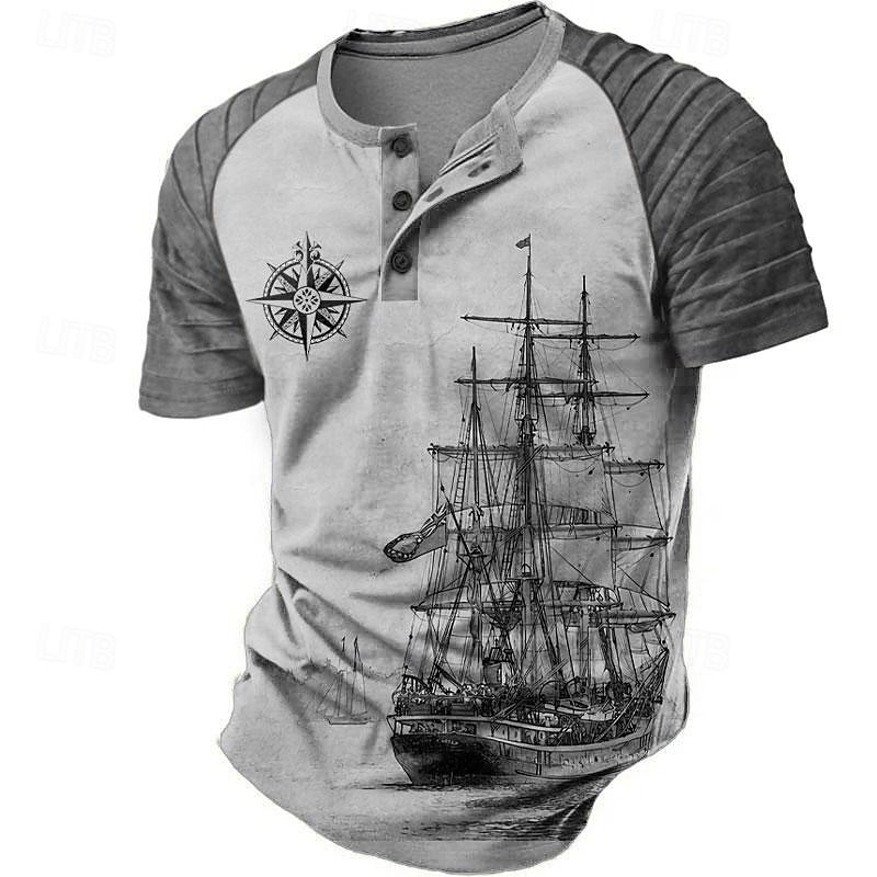 Miesten Laiva Merirosvo T-paita Lyhythihainen 3D-tulostus Retro / vintage Goottityyli Juhla Katu Kesä Kevät Sininen Ruskea Harmaa Henley kaulus Henley T-paita 2026 - $22.99 –P5
